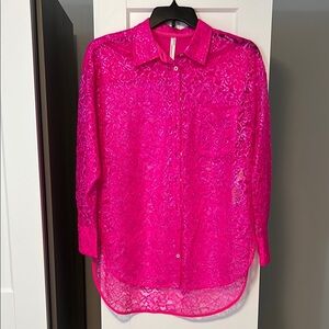 Pink Sequin Button Down Shirt with Notched Collar